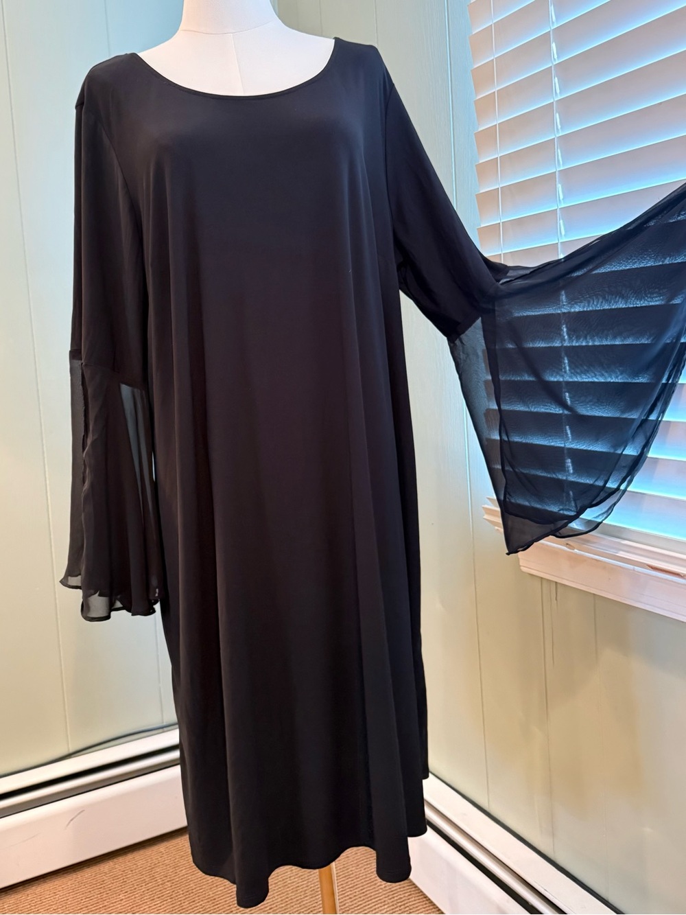 Chiasso  Flowy Black Midi Dress with Strappy Back and Sheer Bell Sleeves 2X
